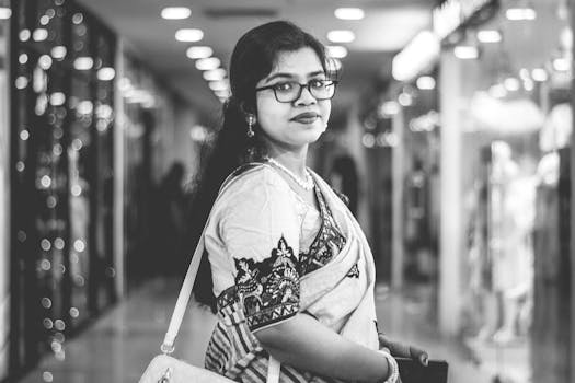 pexels-photo-15921374-15921374 Black and white portrait of a woman in traditional attire shopping in a modern mall.